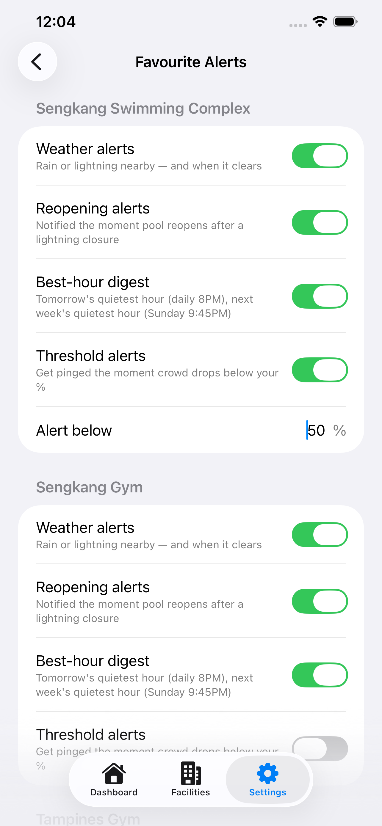 Alert settings per favourite facility