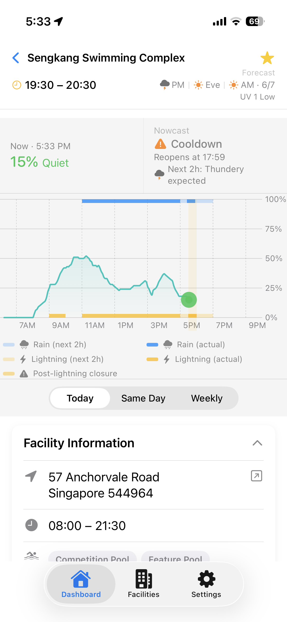 Facility detail with weather and lightning closure overlay